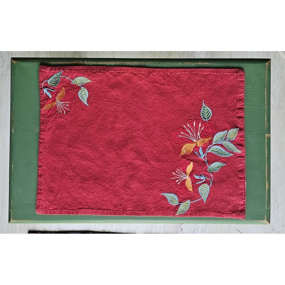 2 Placemats Bright Red Embroidered Floral Design "Home Studio" Brand